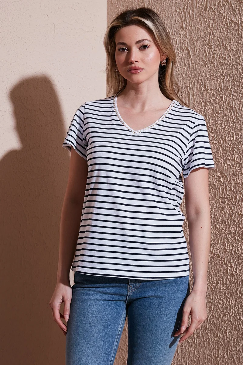 Fashion Friends Cotton Regular Fit V-Neck T Shirt Women's T Shirt 25Y0478K1