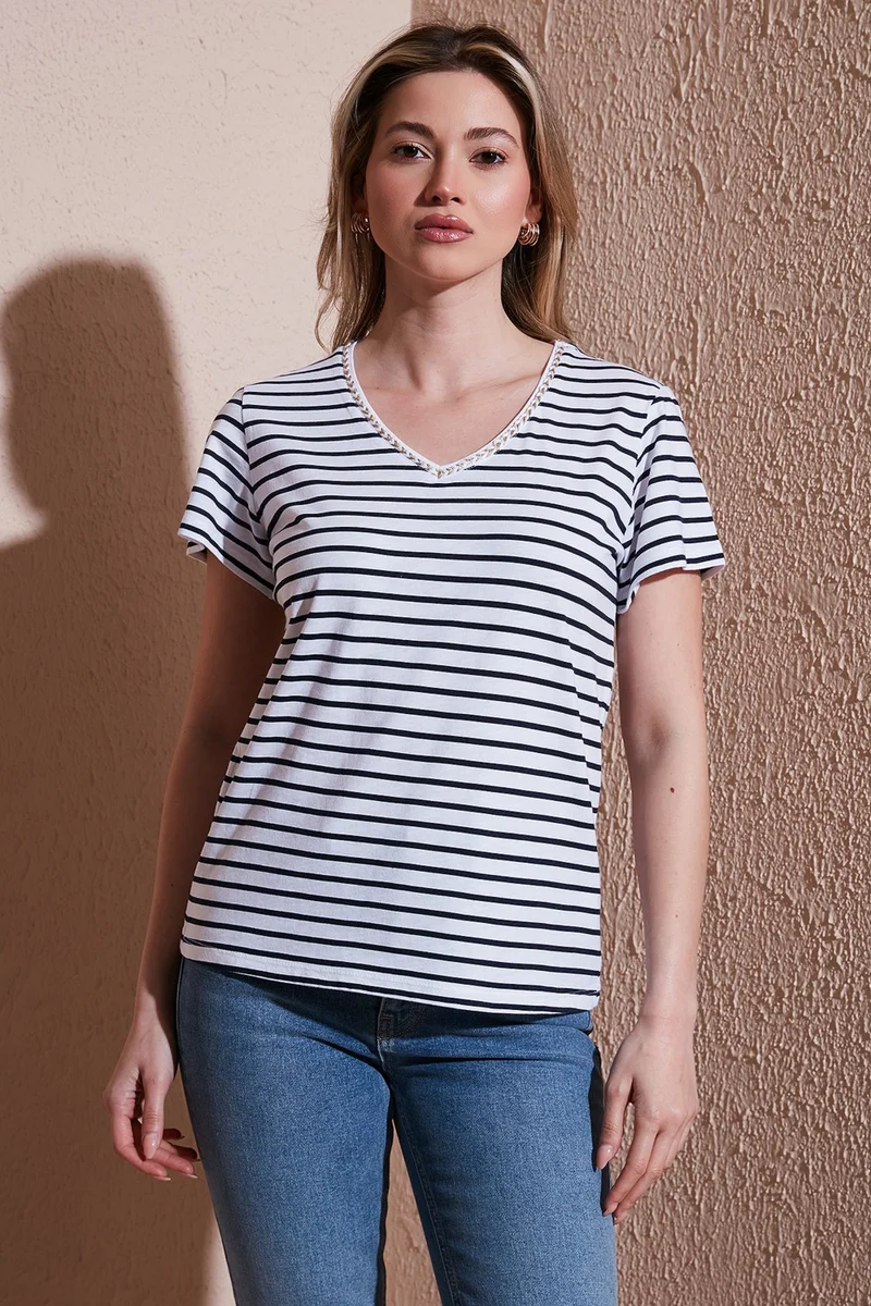 Fashion Friends Cotton Regular Fit V-Neck T Shirt Women's T Shirt 25Y0478K1