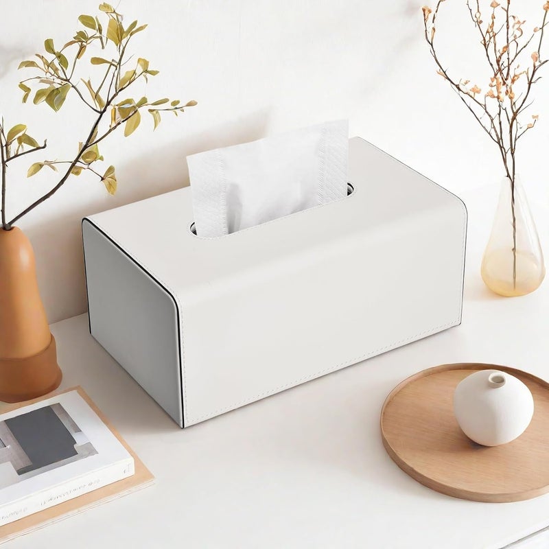 KINGFOM Tissue Box Cover, PU Leather Rectangular Tissue Box Holder with Magnetic Bottom Cover for Facial Tissues/Napkins, Office & Living Room Decor Box (Ivory White) - Image 3