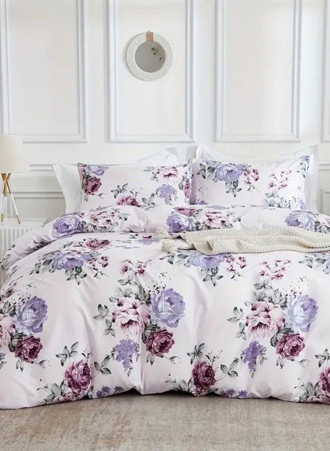 LUNA Home Single size 4 piece bedding set, white bed linen with purple floral pattern. - Image 1