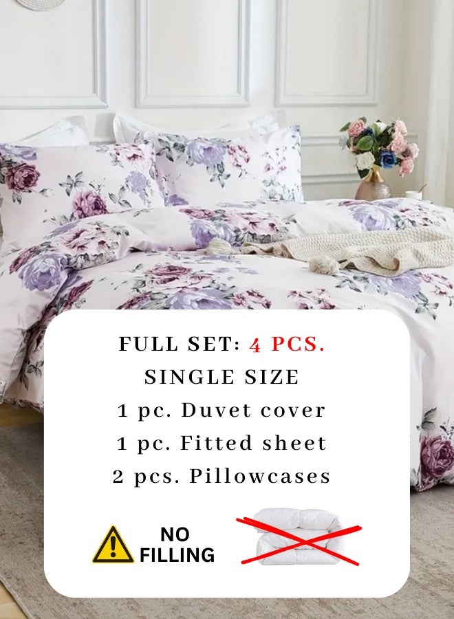 LUNA Home Single size 4 piece bedding set, white bed linen with purple floral pattern. - Image 2