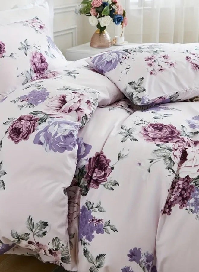 LUNA Home Single size 4 piece bedding set, white bed linen with purple floral pattern. - Image 5
