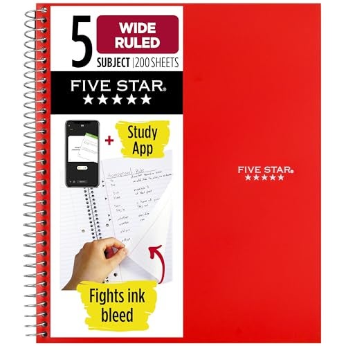 Five Star Spiral Notebook + Study App, 5 Subject, Wide Ruled Paper, 8" x 10-1/2", 200 Sheets, Fights Ink Bleed, Water Resistant Cover, Fire Red (72041) - Image 1