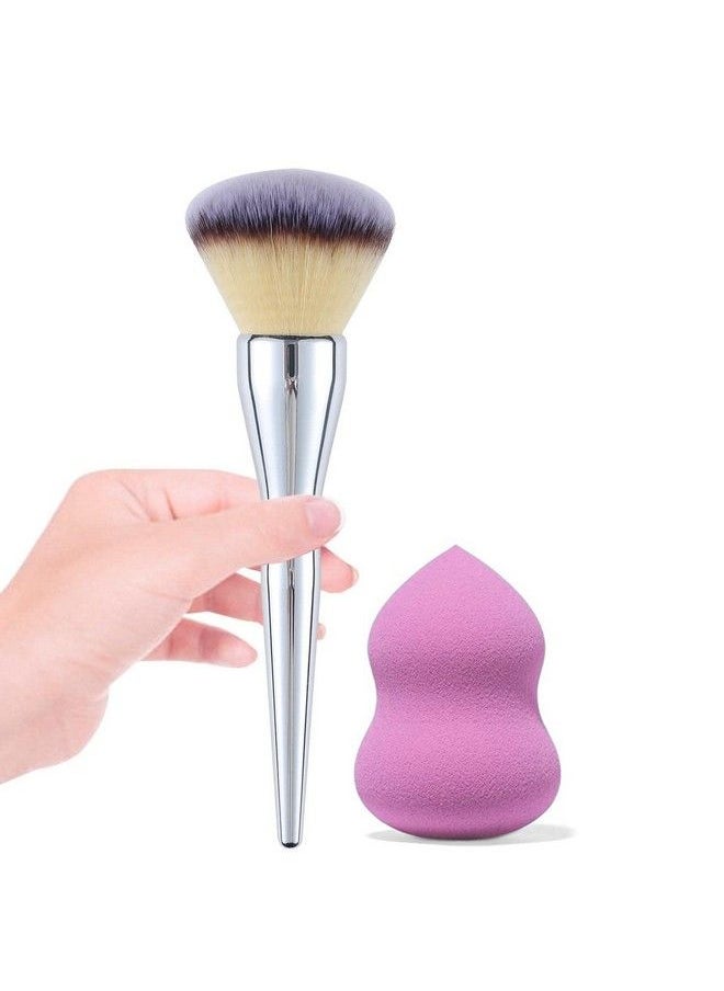 MAJESTIQUE 2Pcs Foundation Brush Compact Powder Brush Blush Brush With Beauty Blender Sponge Perfect For Blending Liquid Cream And Flawless Powder Buffing Blending Concealer  - Image 1