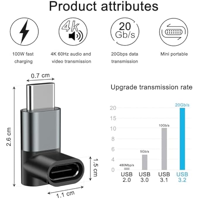 rayihni محول USB C ذكر بزاوية 90 درجة إلى USB C أنثى، 100 واط، نقل بيانات بسرعة 40 جيجابت في الثانية، موسع USB نوع C PD لجهاز نينتندو سويتش 2، ROG Ally، Steam Deck، آيفون 16 / آيفون 15 والمزيد (أسود رمادي) - Image 3