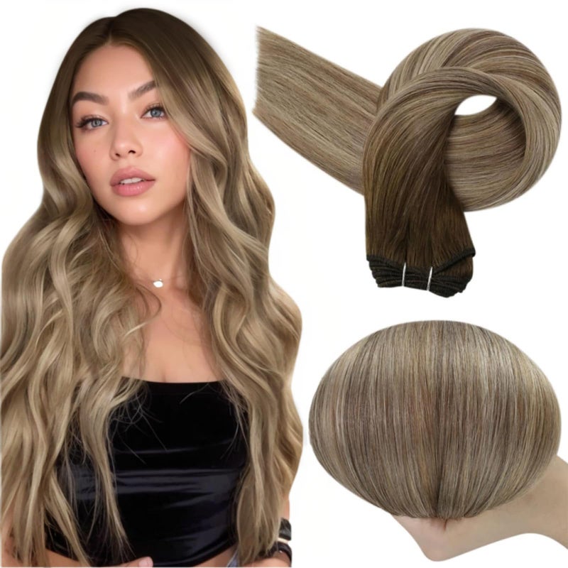 Full Shine Weft Hair Extensions Human Hair Color 3/8/22 Balayage Sew in Hair Extensions Real Human Hair Ombre Walnut Brown to Light Brown with Butter Blonde Sew in Weft Bundles 18 Inch 105g - Image 1