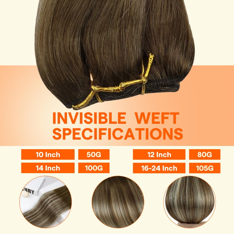 Full Shine Weft Hair Extensions Human Hair Color 3/8/22 Balayage Sew in Hair Extensions Real Human Hair Ombre Walnut Brown to Light Brown with Butter Blonde Sew in Weft Bundles 18 Inch 105g - Image 3