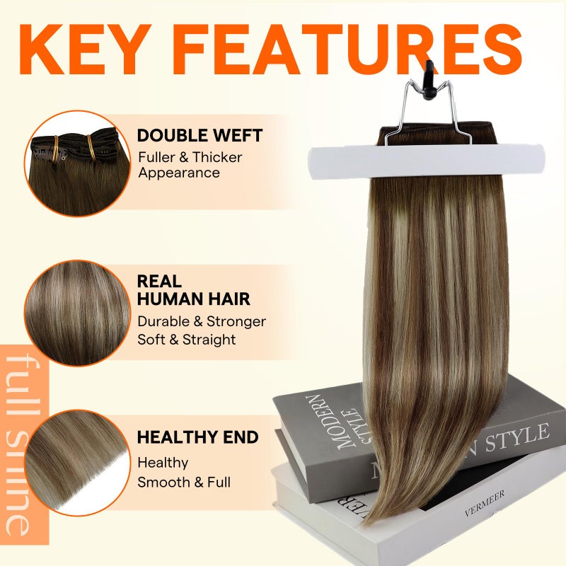 Full Shine Weft Hair Extensions Human Hair Color 3/8/22 Balayage Sew in Hair Extensions Real Human Hair Ombre Walnut Brown to Light Brown with Butter Blonde Sew in Weft Bundles 18 Inch 105g - Image 2
