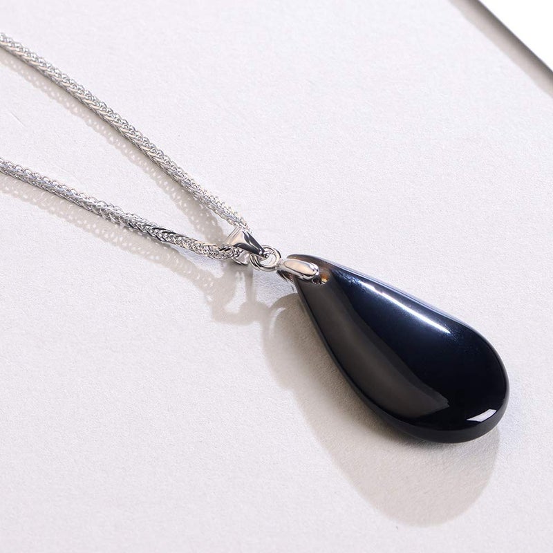 iSTONE 925 Sterling Silver Natural Gemstone Black Agate Water Drop Pendant Necklace with 18" Silver Chain - Image 4
