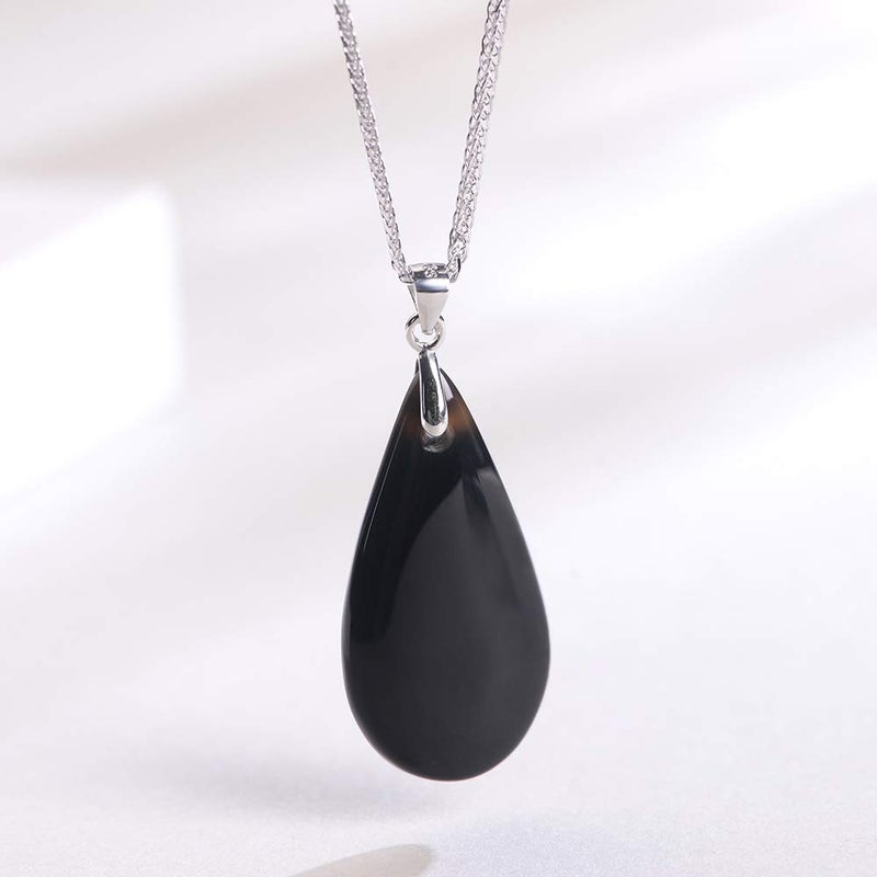 iSTONE 925 Sterling Silver Natural Gemstone Black Agate Water Drop Pendant Necklace with 18" Silver Chain - Image 2