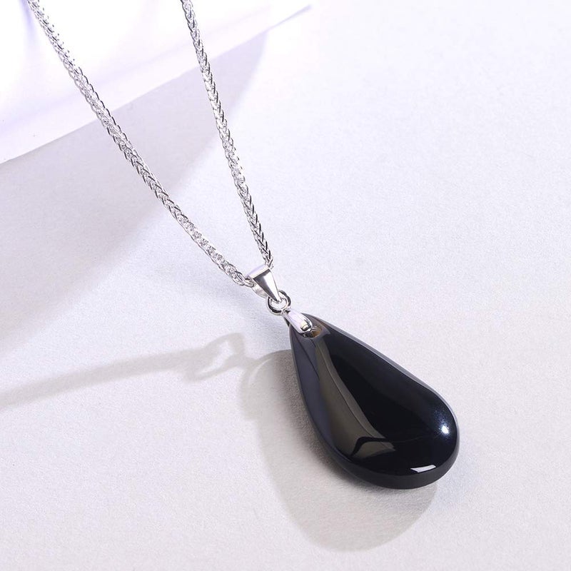 iSTONE 925 Sterling Silver Natural Gemstone Black Agate Water Drop Pendant Necklace with 18" Silver Chain - Image 5