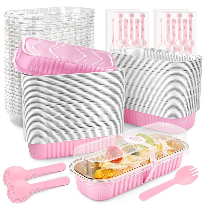 NPLUX Mini Loaf Pans with Lids and Spoons Rectangular Aluminum Foil Baking Pans Mini Cheesecake Containers 6.8oz(120 Pack, Pink) - Image 1