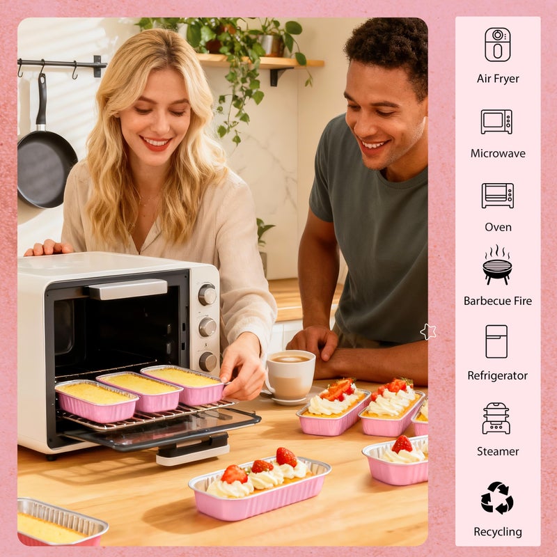 NPLUX Mini Loaf Pans with Lids and Spoons Rectangular Aluminum Foil Baking Pans Mini Cheesecake Containers 6.8oz(120 Pack, Pink) - Image 4