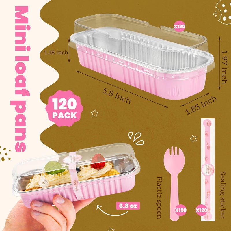 NPLUX Mini Loaf Pans with Lids and Spoons Rectangular Aluminum Foil Baking Pans Mini Cheesecake Containers 6.8oz(120 Pack, Pink) - Image 3
