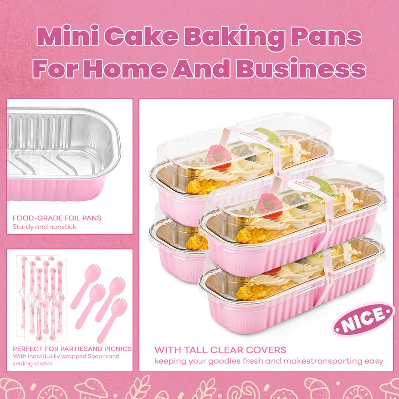 NPLUX Mini Loaf Pans with Lids and Spoons Rectangular Aluminum Foil Baking Pans Mini Cheesecake Containers 6.8oz(120 Pack, Pink) - Image 5