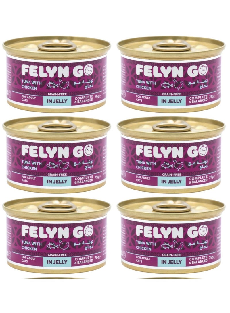 Felyn GO Premium Tuna with Chicken Wet Food for Adult Cats in Jelly – High-Protein, Grain-Free, Complete & Balanced Nutrition – Tender & Flavorful Jelly Formula – 75g Cans (Pack of 6) - Image 1