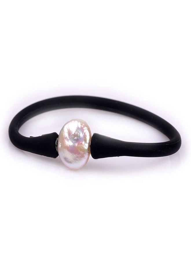 Joe Foreman 13mm Real Coin Pearl Bridesmaid Black Stackable Silicone Rubber Stretch Freshwater Cultured Pearl Jewelry Bracelets for Women 7" - Image 1