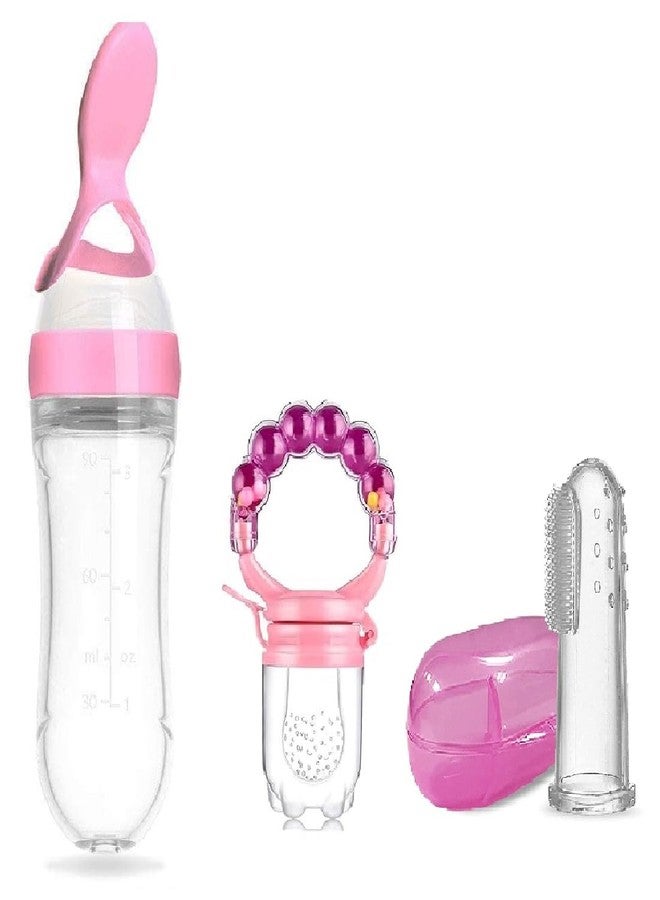 Chopchi Silicone Fruit Rattle Pacifier 1 Pcs,1 pcs Spoon Feeder Bottle and 1 Pcs Finger Brush for Infant Baby 6 Month Above (3 Piece Combo Set-Pink) - Image 1
