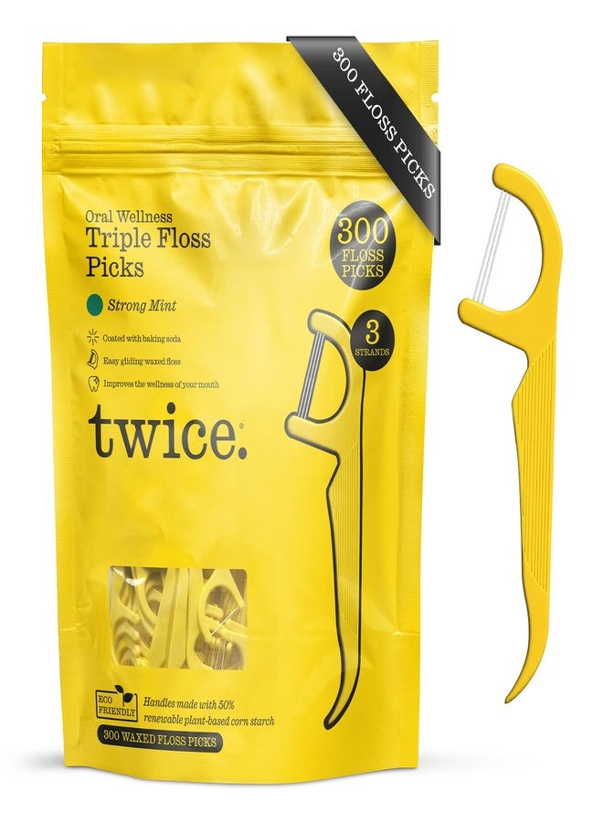 Twice 3-Strand Floss Picks – Dual Action Flosser & Toothpick, Wax-Coated Floss & Eco-Friendly Cornstarch Handles, Vegan, Shred Resistant, Strong Mint, 300 Ct - Image 1