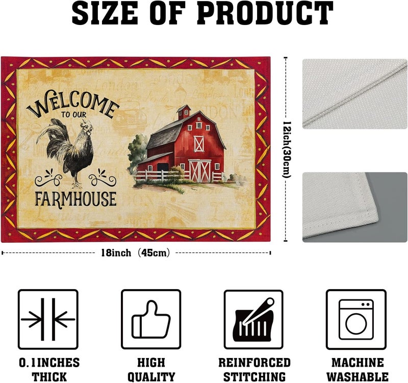Giwawa Rooster Chicken Placemats Welcome to Our Farmhouse Linen Place Mat Vintage Animal Farm Decorative Washable Non Slip Table Mats for Dining Kitchen Party Set of 4 12x18 - Image 4