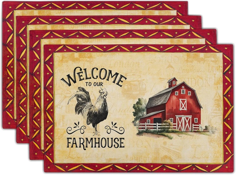 Giwawa Rooster Chicken Placemats Welcome to Our Farmhouse Linen Place Mat Vintage Animal Farm Decorative Washable Non Slip Table Mats for Dining Kitchen Party Set of 4 12x18 - Image 1