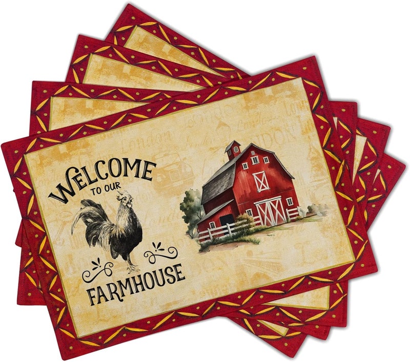 Giwawa Rooster Chicken Placemats Welcome to Our Farmhouse Linen Place Mat Vintage Animal Farm Decorative Washable Non Slip Table Mats for Dining Kitchen Party Set of 4 12x18 - Image 2