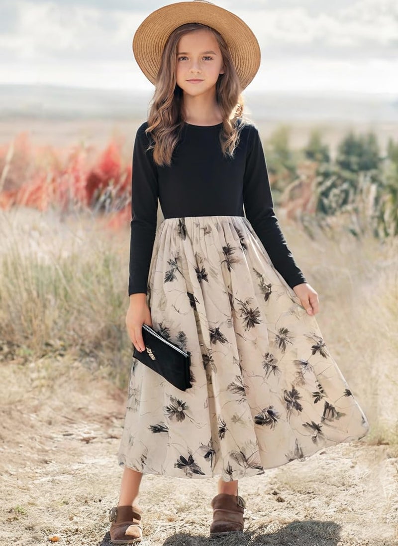 Seechoslo NEW 8-14Years Girls Elegant Dress Short Sleeve A-Line Floral Midi Party Special Occasion (US, Age, 13 Years, 14 Years, Black-Long Sleeve) - Image 2