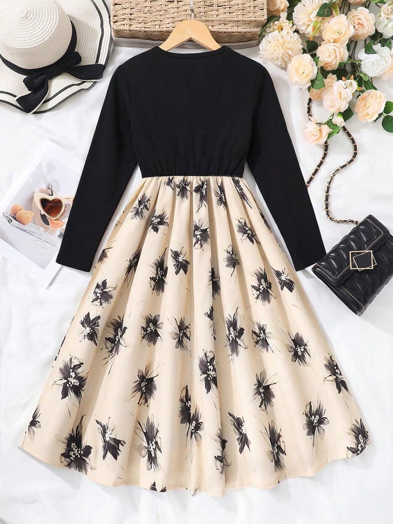 Seechoslo NEW 8-14Years Girls Elegant Dress Short Sleeve A-Line Floral Midi Party Special Occasion (US, Age, 13 Years, 14 Years, Black-Long Sleeve) - Image 4