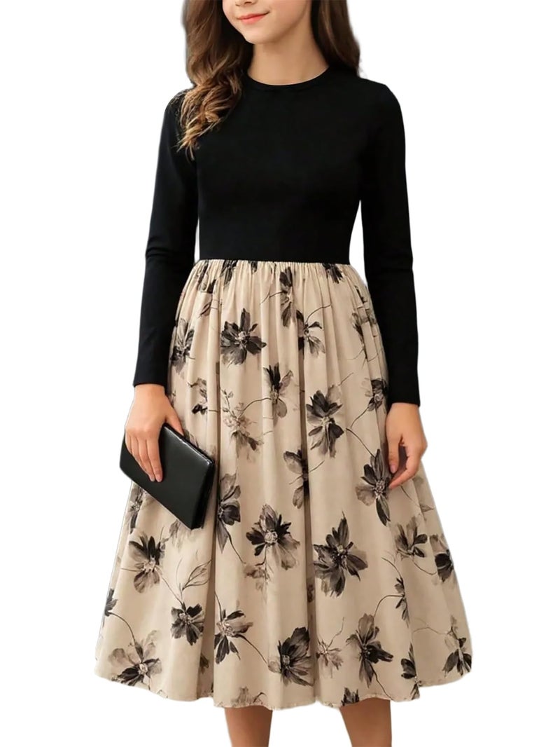 Seechoslo NEW 8-14Years Girls Elegant Dress Short Sleeve A-Line Floral Midi Party Special Occasion (US, Age, 13 Years, 14 Years, Black-Long Sleeve) - Image 1