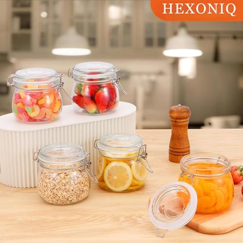 HEXONIQ جرار زجاجية محكمة الإغلاق HEXONIQ® سعة 500 مل، جرار تخزين زجاجية محكمة مع أغطية، حاوية تخزين مطبخ دائرية لحفظ الحبوب، المعكرونة، السكر، الفاصوليا، التوابل، 10.5x11.0 سم، عبوة من 4 - Image 2