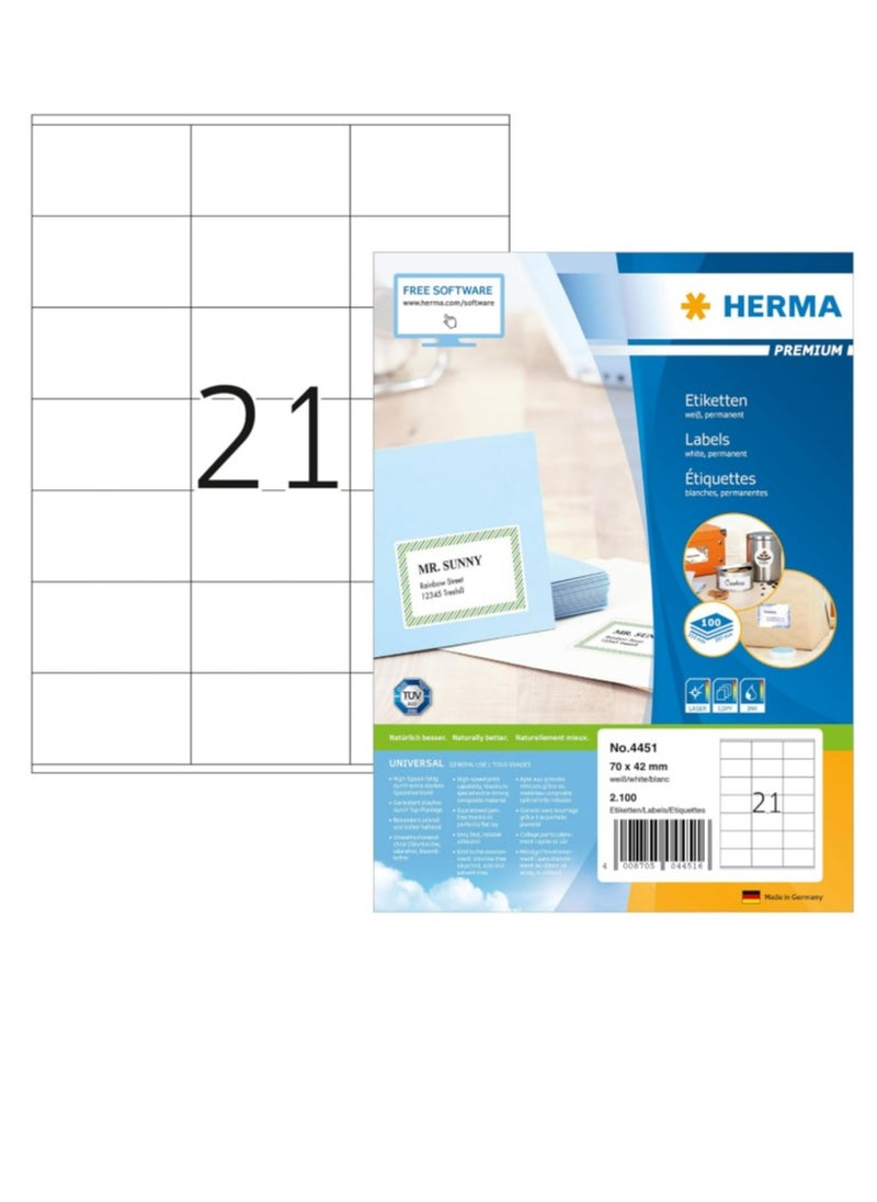 Herma Herma Premium Labels 4451 A4, Permanent Adhesive, 70 x 42 mm, White  - Image 1