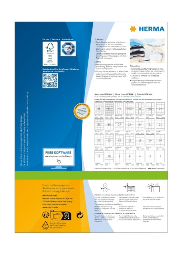 Herma Herma Premium Labels 4451 A4, Permanent Adhesive, 70 x 42 mm, White  - Image 2