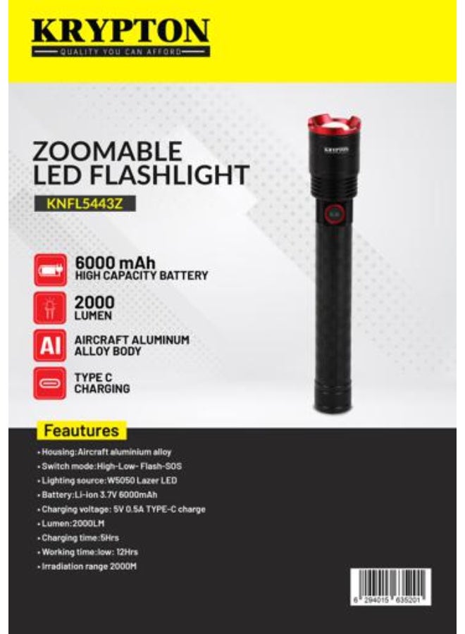 Krypton Zoomable LED Flashlight KNFL5443 | 2000 Lumens High Brightness | 6000mAh Rechargeable Battery | Aircraft Aluminum Alloy | Type-C Charging | SOS Mode | Portable Torch | Black - Image 3