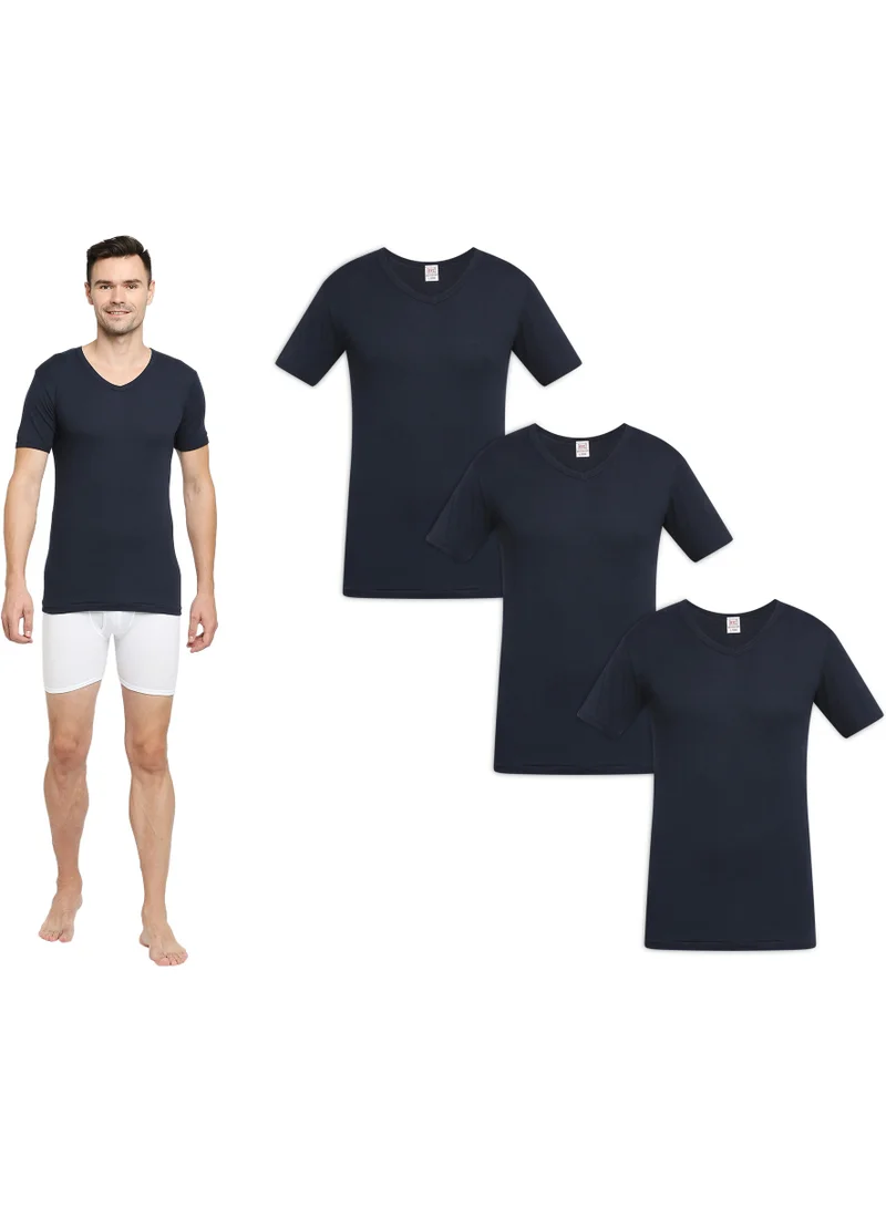BYC MEN'S V-NECK COTTON UNDERSHIRT (PACK OF 3) - NAVY BLUE