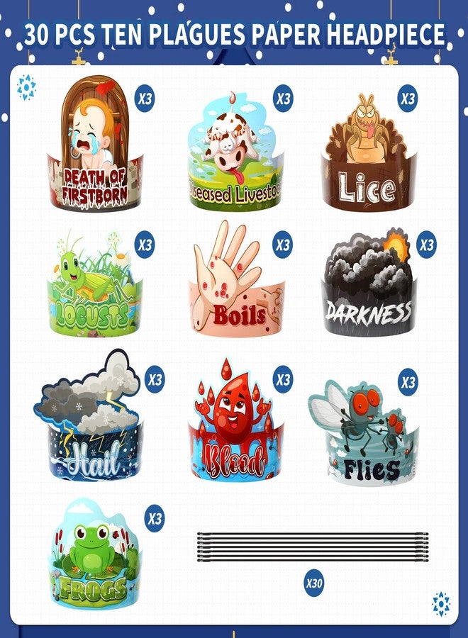Qpout 30Pcs Passover Ten Plagues Paper Headbands,Animal Cartoon Pesach Dress up Crown Hats for Home Crafts Seder Family Party Holiday Educational Supply Favors Decorations - Image 3