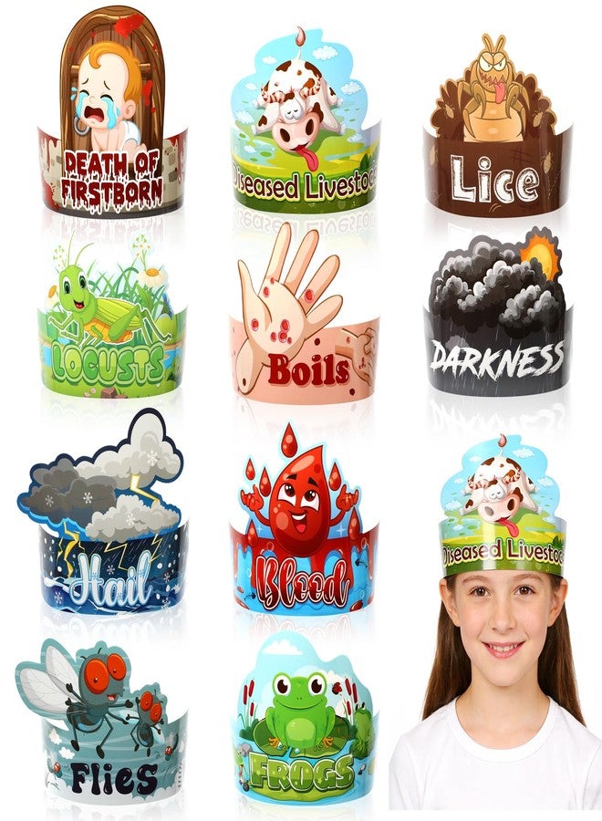 Qpout 30Pcs Passover Ten Plagues Paper Headbands,Animal Cartoon Pesach Dress up Crown Hats for Home Crafts Seder Family Party Holiday Educational Supply Favors Decorations - Image 1