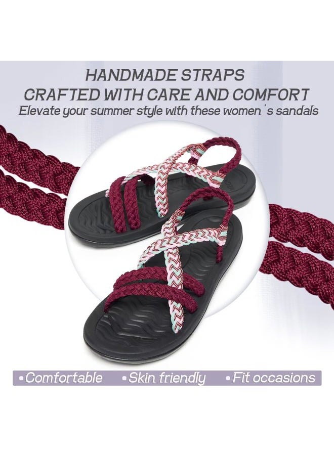MEGNYA Women's Comfortable Walking Sandals with Arch Support, Athletic Hiking Sandals with Handmade Straps, Outdoor Soft Water Sandals for Beach Poolside Travel Camping, W31-bordeaux Pink, 8 - Image 5
