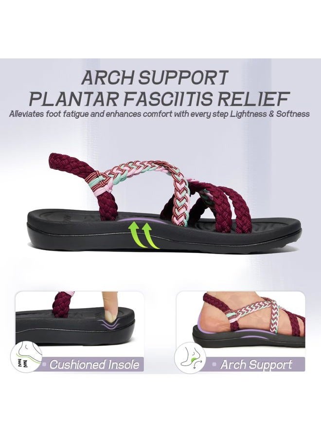 MEGNYA Women's Comfortable Walking Sandals with Arch Support, Athletic Hiking Sandals with Handmade Straps, Outdoor Soft Water Sandals for Beach Poolside Travel Camping, W31-bordeaux Pink, 8 - Image 4