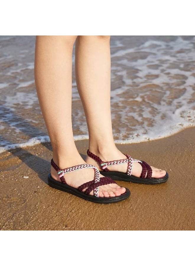 MEGNYA Women's Comfortable Walking Sandals with Arch Support, Athletic Hiking Sandals with Handmade Straps, Outdoor Soft Water Sandals for Beach Poolside Travel Camping, W31-bordeaux Pink, 8 - Image 3