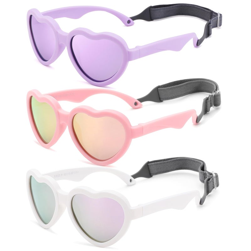 COASION Baby's First Sunglasses with Strap, 3 Pack Unbreakable Polarized Newborn Infant Heart Sunglasses for Ages 0-24 Months (White/Purple Mirror+Pink/Pink Mirror+Purple/Purple Mirror) - Image 3