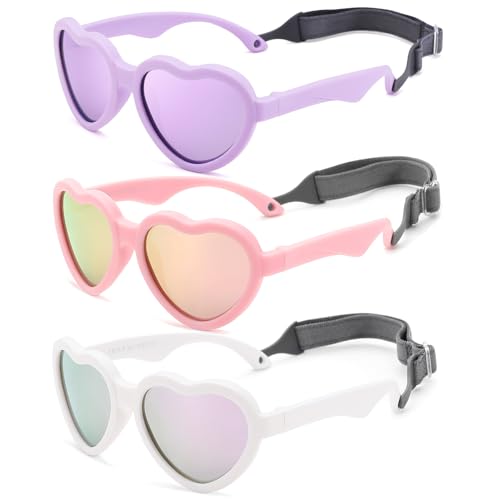 COASION Baby's First Sunglasses with Strap, 3 Pack Unbreakable Polarized Newborn Infant Heart Sunglasses for Ages 0-24 Months (White/Purple Mirror+Pink/Pink Mirror+Purple/Purple Mirror) - Image 1