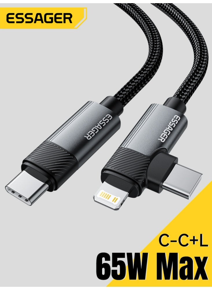 ESSAGER 2 in 1 USB C Cable, USB C to C + Lightning Fast Charger, PD 65W for MacBook Air/iPhone, Nylon Braided Durable Cord for Office/Travel/Home(1M) - Image 1