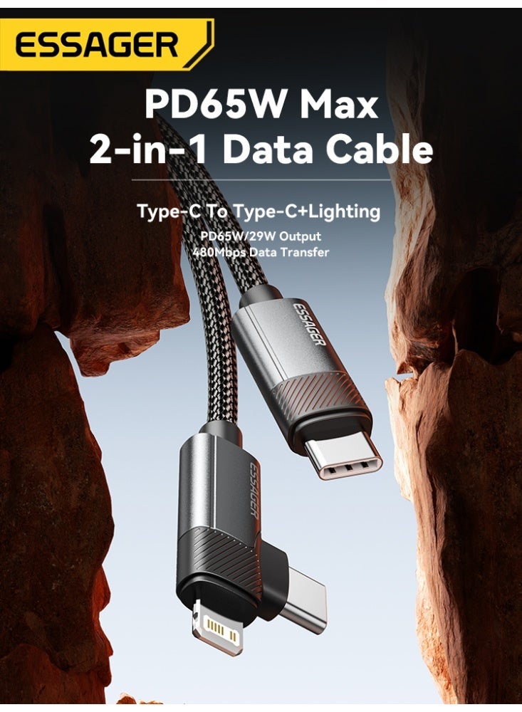 ESSAGER 2 in 1 USB C Cable, USB C to C + Lightning Fast Charger, PD 65W for MacBook Air/iPhone, Nylon Braided Durable Cord for Office/Travel/Home(1M) - Image 3