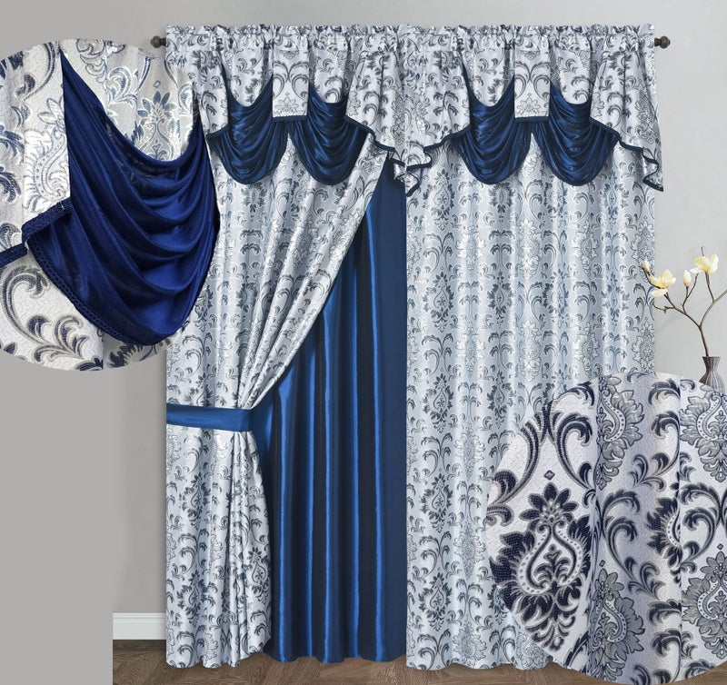 GOHD Golden Ocean Home Decor GOHD Samba Star Jacquard Window Curtain Panel Drape with Attached Fancy Valance and Taffeta Backing 2pcs Set Each pc 54 Wide x 90 Drop with 18 Valance Navy Blue