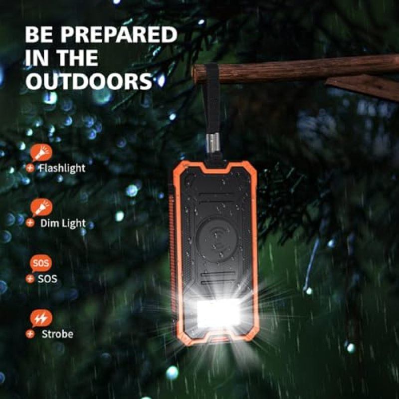 Solar Power Bank 20000mAh 74Wh Portable Charger - Wireless Charger USB-C Battery With Dual LED Camping Flashlight For Outdoor Travel Orange - Image 5