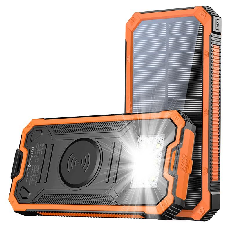 Solar Power Bank 20000mAh 74Wh Portable Charger - Wireless Charger USB-C Battery With Dual LED Camping Flashlight For Outdoor Travel Orange - Image 1