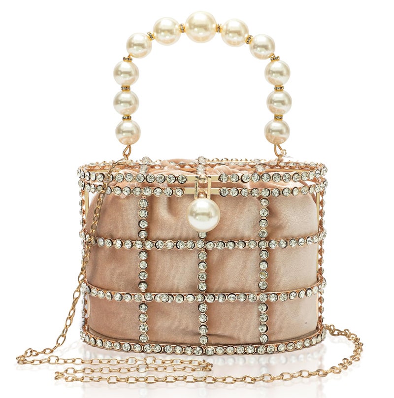 CARIEDO Evening Handbag Women Clutch Purses with Pearl Diamonds for Wedding Prom Birthday Party Dinner Accessories (Apricot) - Image 1