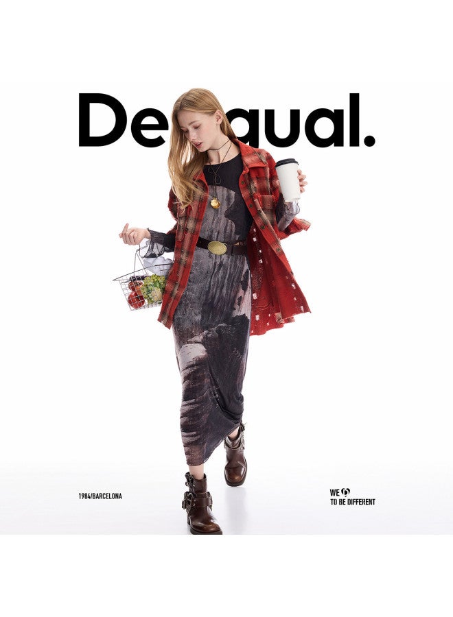DESIGUAL [موضة إسبانية فاخرة] 25 أسلوب جديد لخريف وشتاء 25 قميص نسائي أحمر بتصميم متقطع ومشقق - Image 3