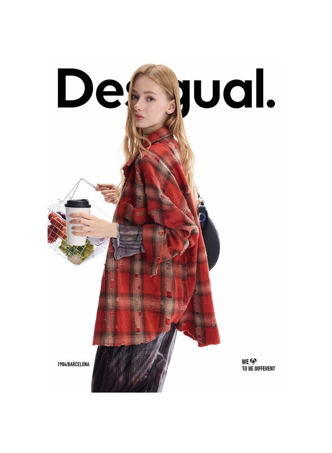DESIGUAL [موضة إسبانية فاخرة] 25 أسلوب جديد لخريف وشتاء 25 قميص نسائي أحمر بتصميم متقطع ومشقق - Image 2