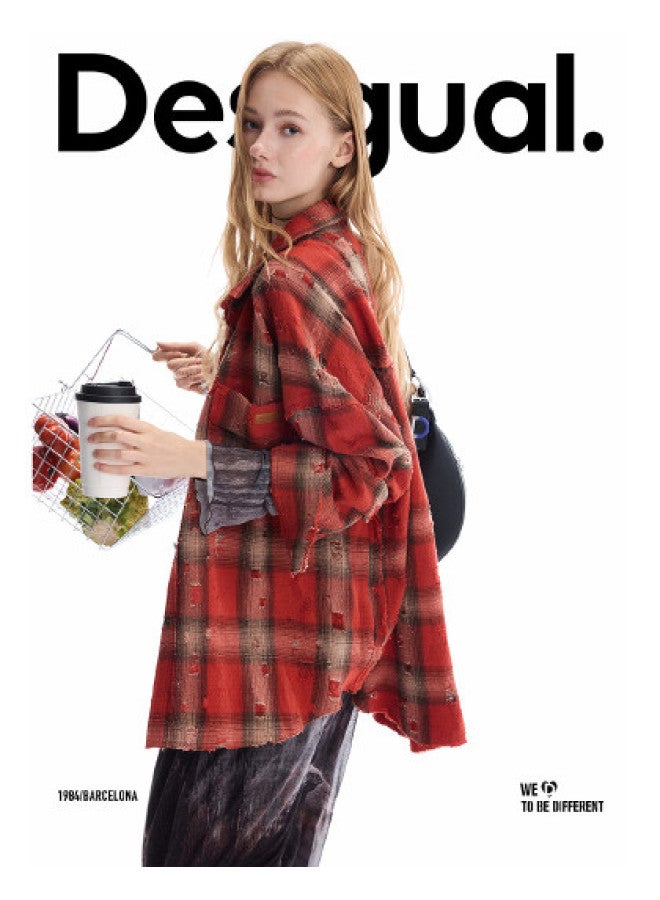 DESIGUAL [موضة إسبانية فاخرة] 25 أسلوب جديد لخريف وشتاء 25 قميص نسائي أحمر بتصميم متقطع ومشقق - Image 1